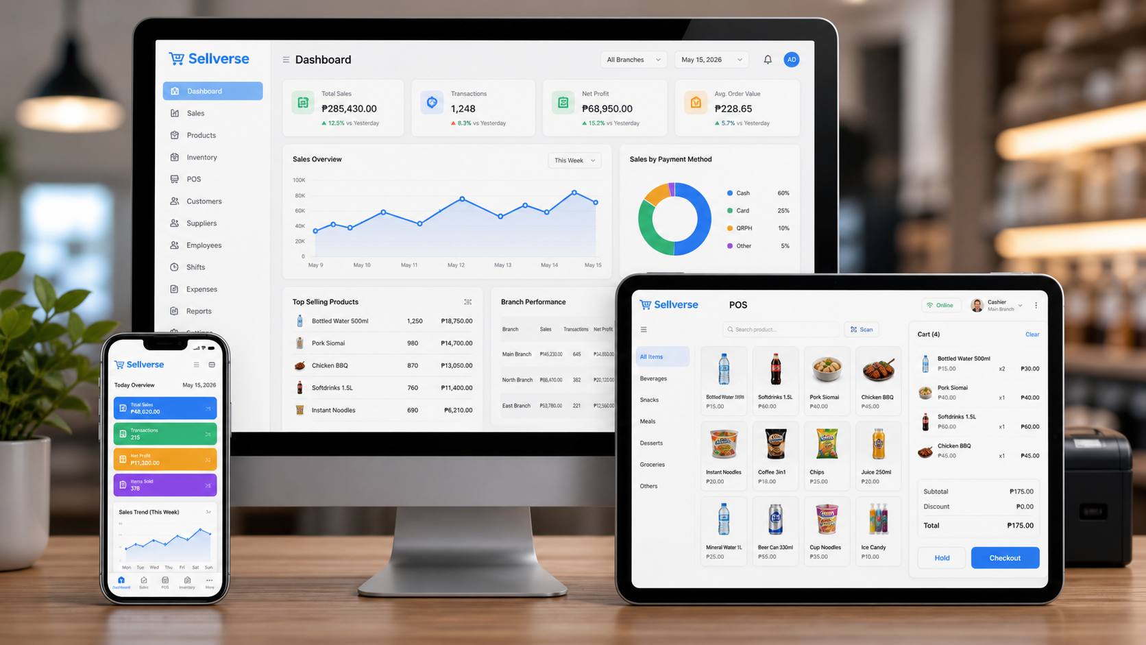 Sellverse POS system responsive desktop, tablet, and mobile app preview